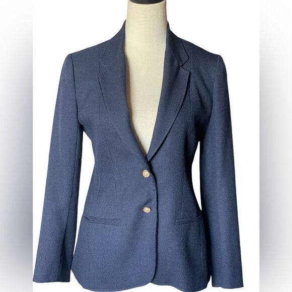 Vintage Wool Larry Levine Women’s Blue Blazer w/Floral & Pearl Buttons (Size: XS - Picture 1 of 13